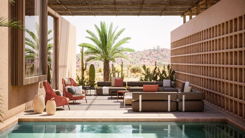 Dedon Brixx sofa modules, an upholstered outdoor sectional in Dedon fabric