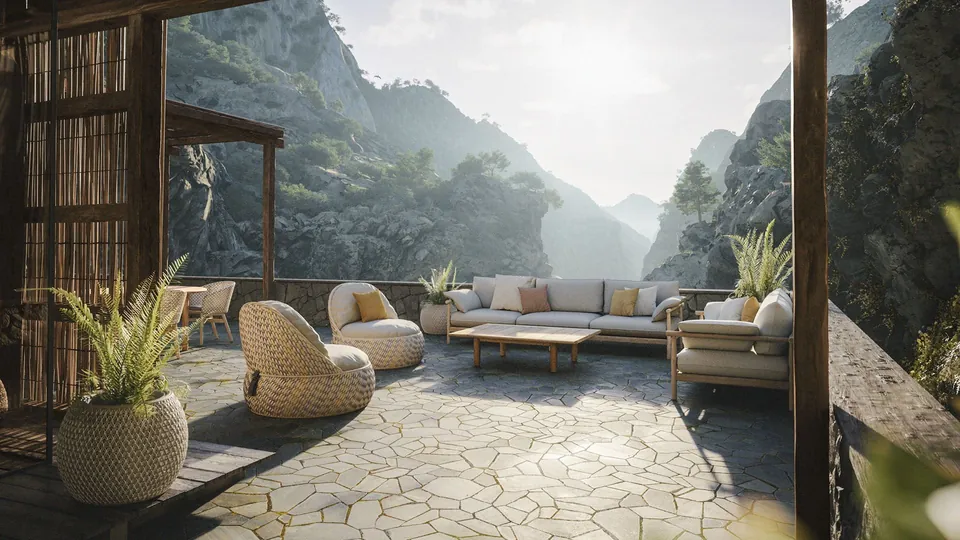 Dedon Dala outdoor furniture, dala and tibbo on balcony, spiritual mountains in the background