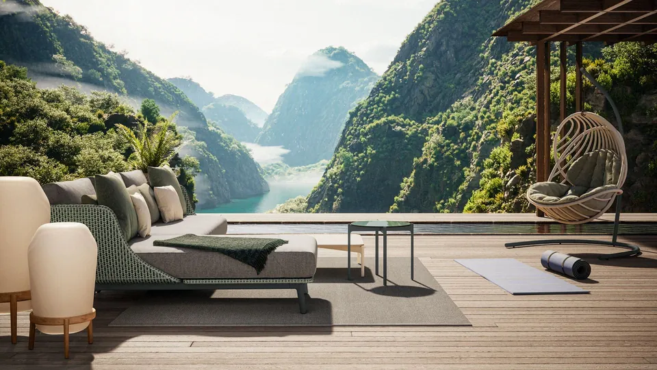 Dedon Mbarq 3-seater, an outdoor sectional module in Pepper fiber with a curved woven back