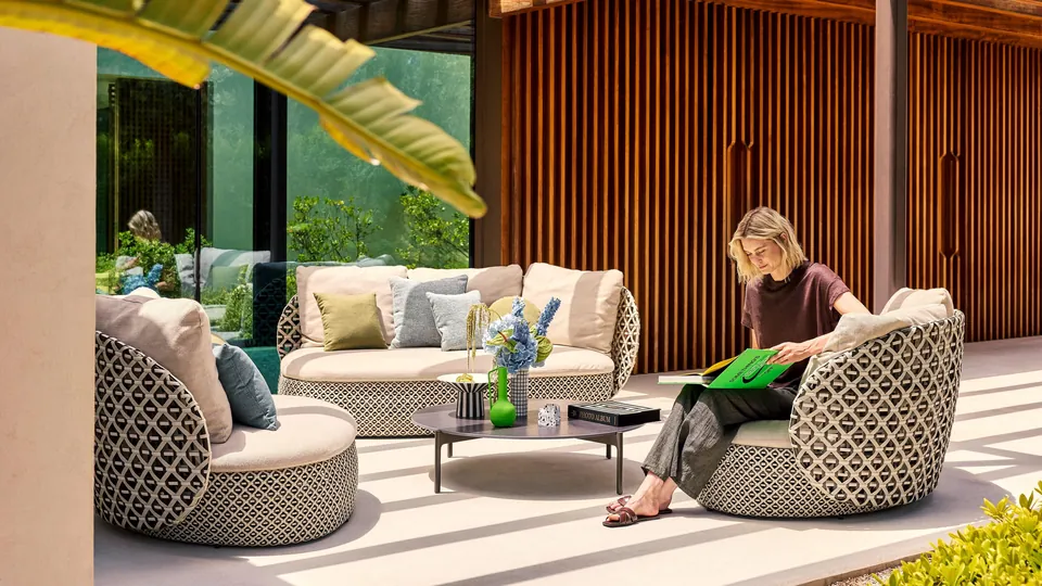 Dedon Mdear right corner module, part of a modular outdoor sofa in Pepper Bold Touch fiber