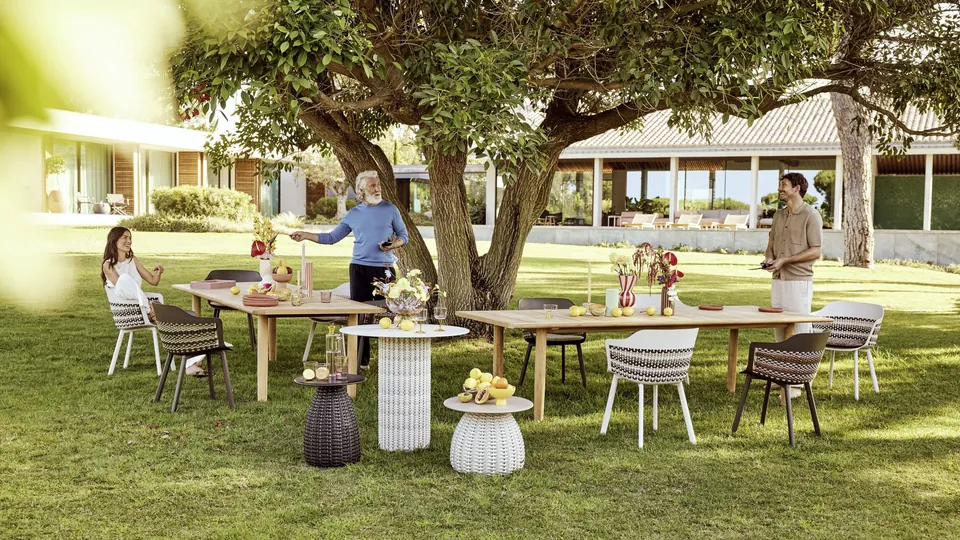 Dedon Mymi armchair and bistro table, an outdoor dining set for a small terrace