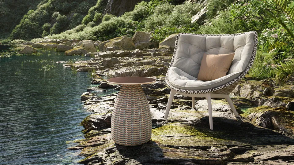 Dedon Porcini side table in alba ceramic, a small outdoor table for the patio