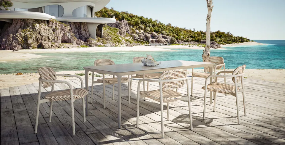 Dedon Roii armchair in tobacco, stackable patio chairs with a herringbone weave