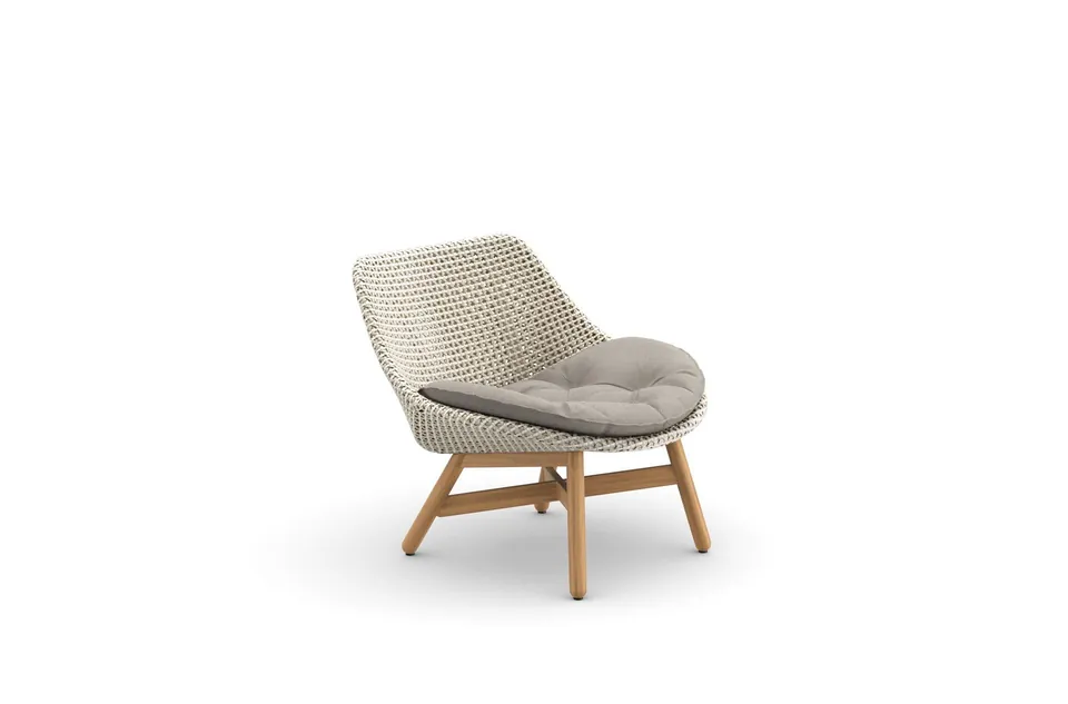 Dedon Mbrace club chair in Sea Salt fiber, outdoor lounge chair with teak legs